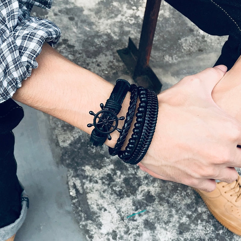 Vintage 4Pcs Braided Wrap Leather Bracelets