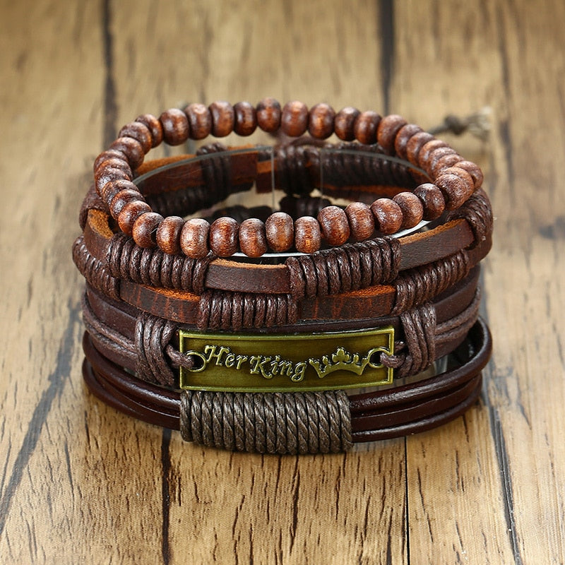 Vintage 4Pcs Braided Wrap Leather Bracelets