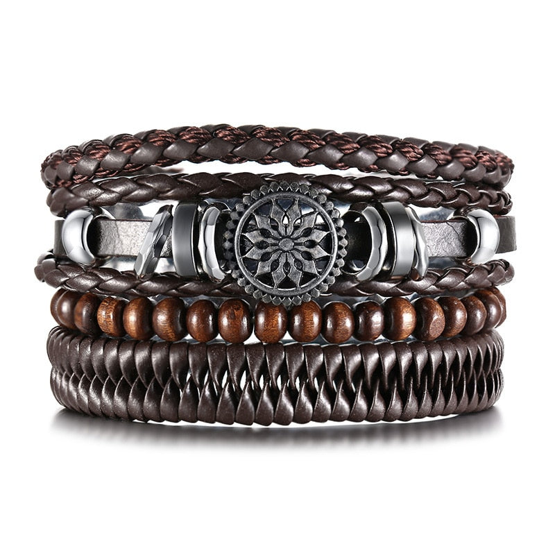 Vintage 4Pcs Braided Wrap Leather Bracelets