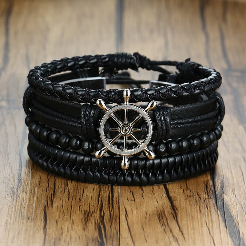 Vintage 4Pcs Braided Wrap Leather Bracelets