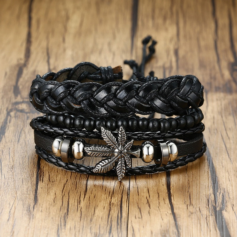 Vintage 4Pcs Braided Wrap Leather Bracelets